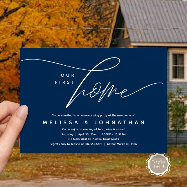 Our First Home, Cosy Lovely Housewarming Party Invitation (Our First Home, Cozy Lovely Housewarming Party Invitation Card, PDF, Lovely Cozy Romantic Navy Blue)