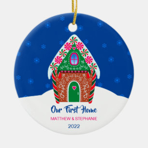 Our First Home Gingerbread House Night Blue Ceramic Tree Decoration