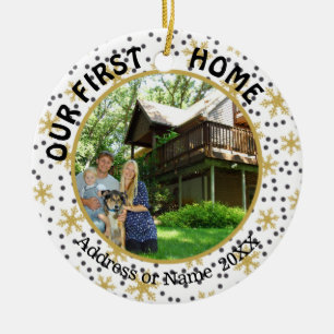 Our First Home, Gold Snowflakes, Two Photo 2-Sided Ceramic Tree Decoration