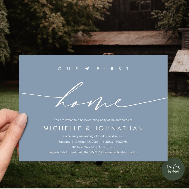 Our first home, Housewarming party celebration Invitation (Our first home, Housewarming party celebration Invitation Card, PDF, in dusty blue)
