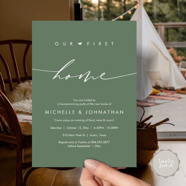 Our first home, Housewarming party celebration Invitation (Our first home, Housewarming party celebration Invitation Card, PDF, Forest Sage Green)