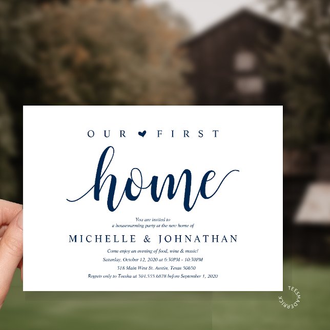 Our First Home Housewarming party Invitation (Our First Home Housewarming party Invitation Card in Navy Blue)