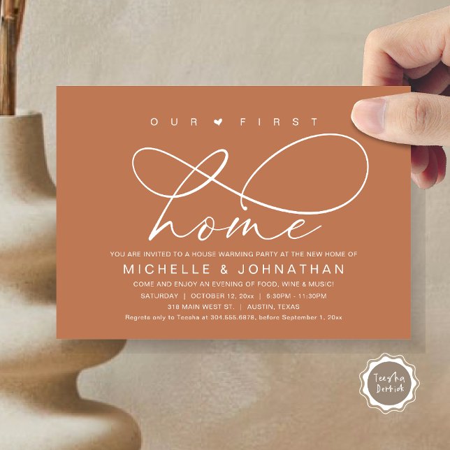 Our first home, Modern Housewarming party Invitation (Our First Home, New Housewarming Party Invitation Card, PDF, Modern Romantic Script, Copper Rust)