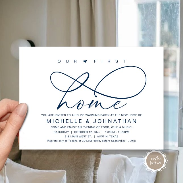 Our first home, Modern Housewarming party Invitation (Our First Home, New Housewarming Party Invitation Card, PDF, Modern Romantic Script, Navy Blue)