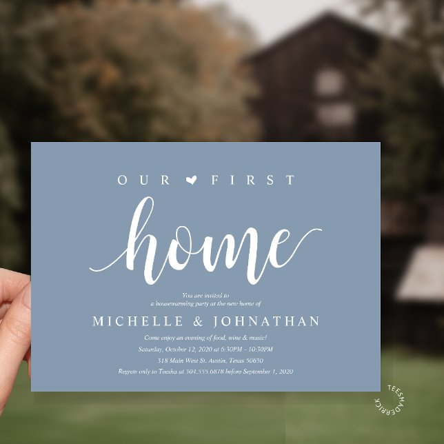 Our First Home Modern Rustic Housewarming party Invitation (Our First Home Housewarming party Invitation Card in Dusty Blue)