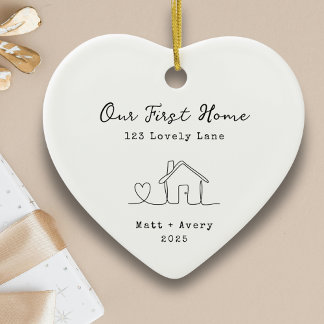 Our First Home Personalised Line Art New House Ceramic Tree Decoration