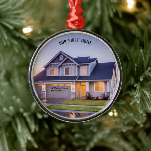 Our First Home Photo Personalised with Address Metal Tree Decoration