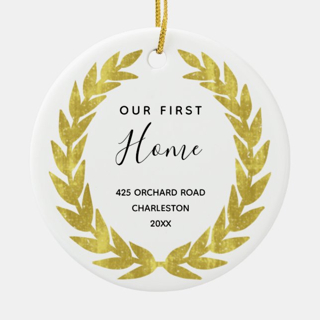 Our First Home | White and Gold Housewarming Ceramic Tree Decoration (Front)