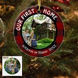 Our First Home (your photo) Two Photo 2-Sided Ceramic Tree Decoration<br><div class="desc">Create a special keepsake ornament showcasing your first (OR NEW) home for the holiday season. The text can be changed from OUR FIRST to OUR NEW as you like. Add your new address or family name and the year. It has a red and black buffalo check plaid (lumberjack) background. The...</div>
