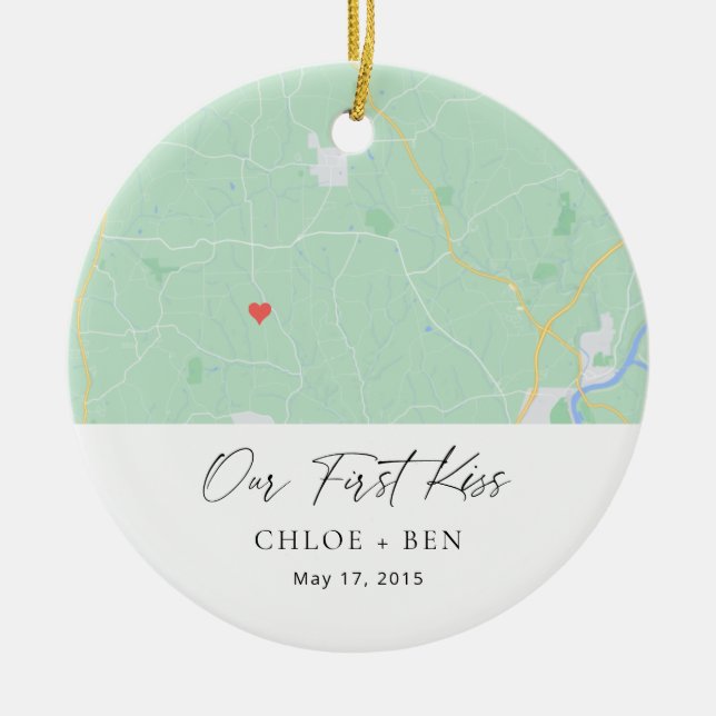 Our First Kiss Personalised Map Ceramic Ornament (Front)
