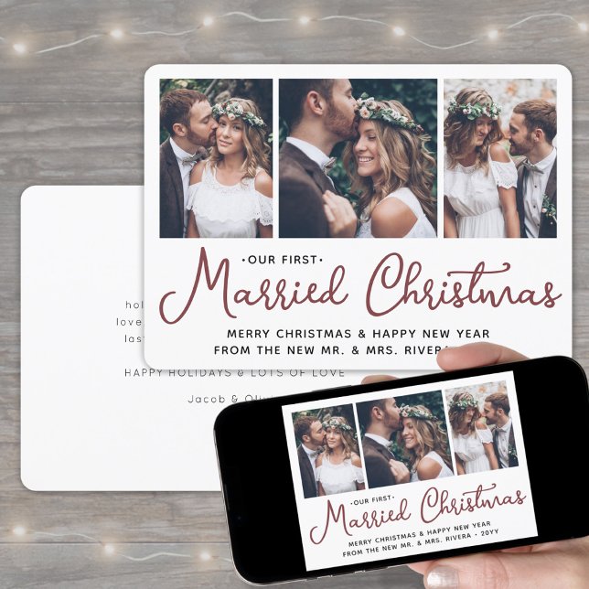 Our First Married Christmas 3 Wedding Photos Red Holiday Card (Creator Uploaded)