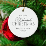 Our First Married Christmas Classy Typography Ceramic Tree Decoration<br><div class="desc">This classy,  elegant Christmas ornament is a reminder of a newlywed couple's first married Christmas together. This makes a great wedding gift or Christmas gift. The "Married Christmas" text is not editable,  but the names and year are. The back of the ornament can also be customised.</div>