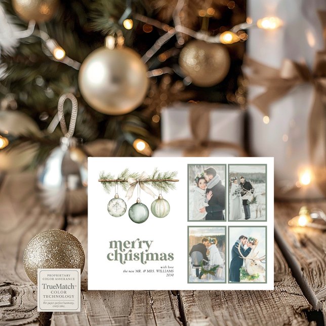 Our First Married Christmas Pine Ornament 4 Photo Holiday Card (Creator Uploaded)