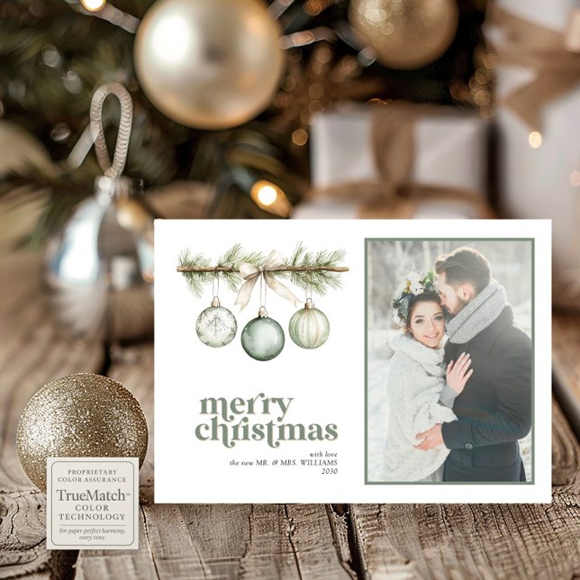 Our First Married Christmas Pine Ornament Photo Holiday Card (Creator Uploaded)