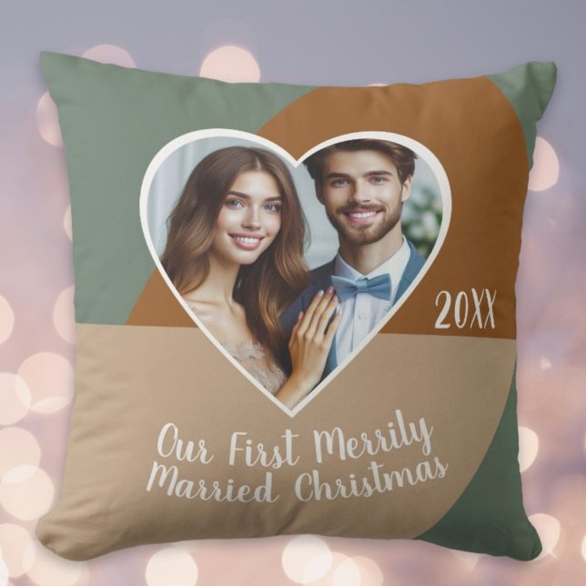 Our First Merrily Married Christmas Custom Photo  Cushion (Our First Merrily Married Christmas Custom Photo Throw Pillow)