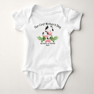 Our First Mother's Day, Baby Cow custom name Baby Bodysuit