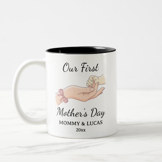 Our First Mother's Day Custom Names Pink Bow Two-Tone Coffee Mug (Left)
