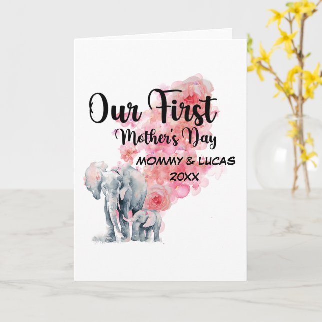 Our First Mother's Day Mum And Baby Elephants Card (Yellow Flower)