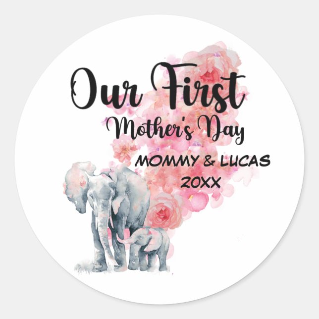 Our First Mother's Day Mum And Baby Elephants Classic Round Sticker (Front)