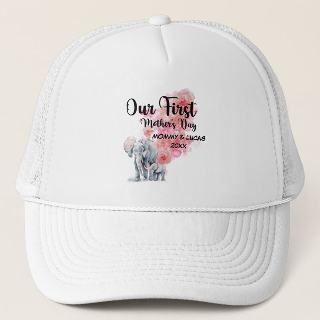 Our First Mother's Day Mum And Baby Elephants Trucker Hat (Front)