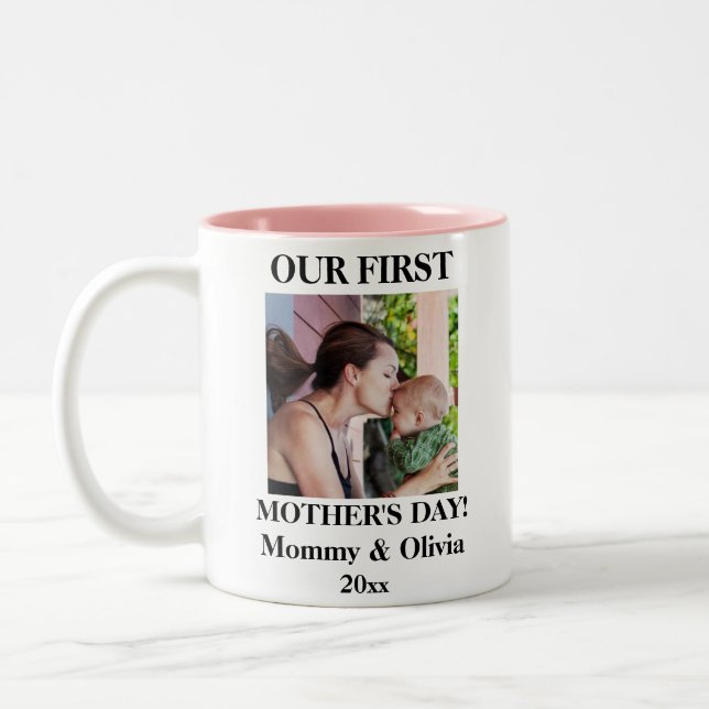 Our First Mother's Day, Personalised Photo & Name Two-Tone Coffee Mug (Left)