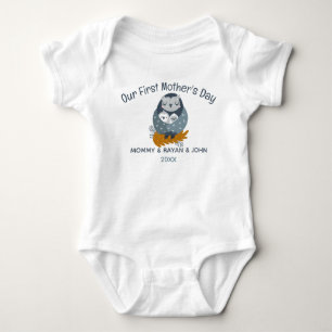 Our First Mother's Day Twins,Baby Owl custom name Baby Bodysuit