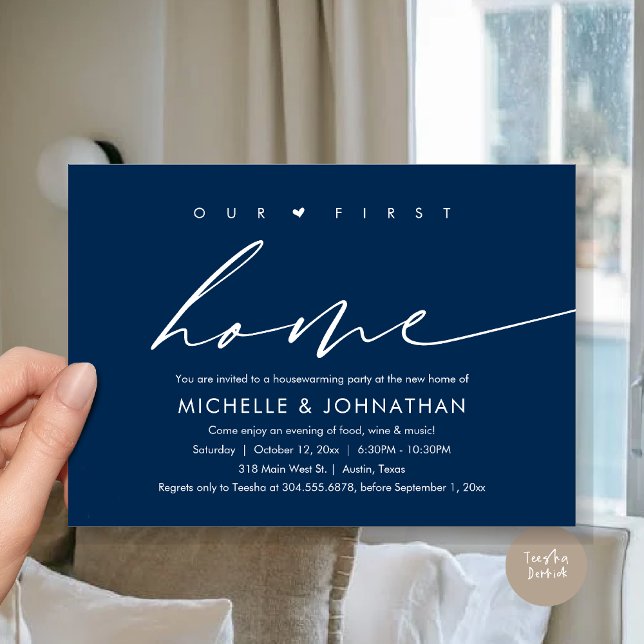 Our First New Home, Housewarming Party Celebration Invitation (Our First New Home, Housewarming Party Celebration Invitation Card, PDF, in Navy Blue)
