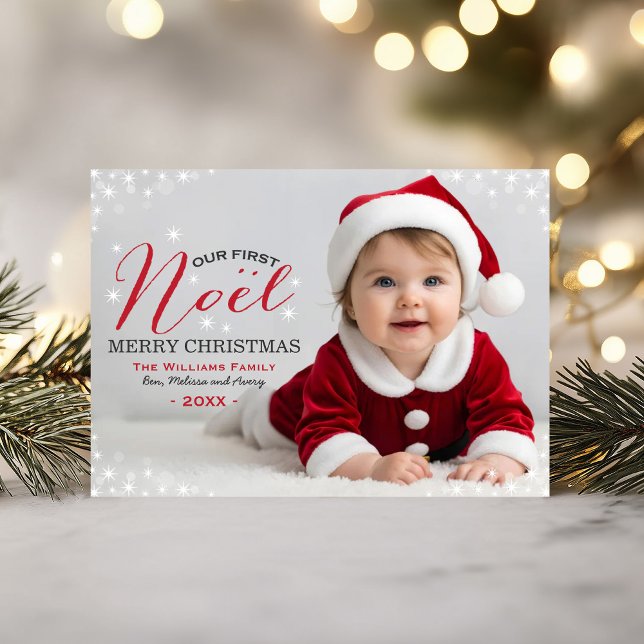 Our First Noël Red Script Snowflakes Holiday Card (Creator Uploaded)