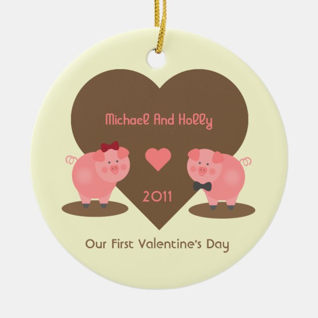 Our First Valentine's Day Pigs and Hearts Ceramic Tree Decoration (Front)