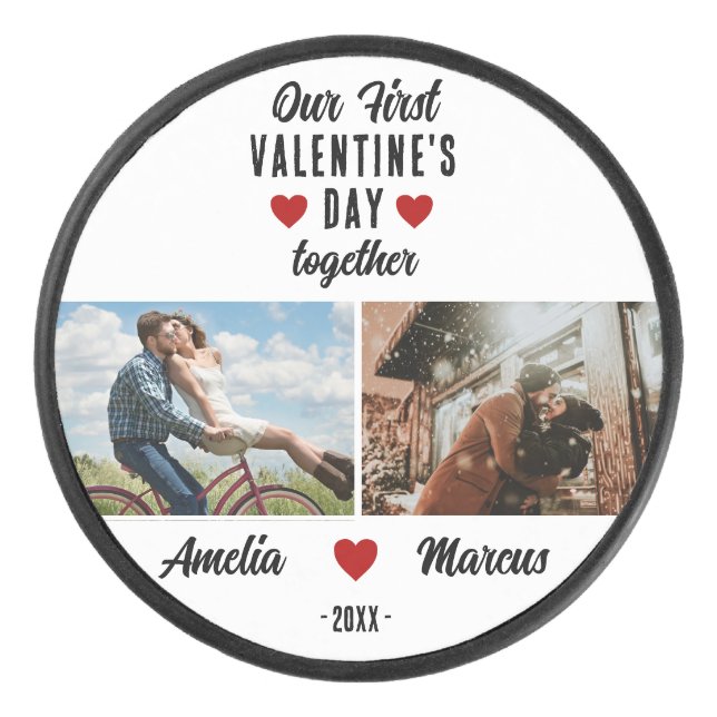 Our First Valentine's Day Together 2 Photos  Hockey Puck (Front)