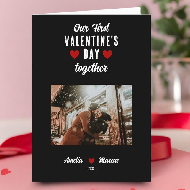 Our First Valentine's Day Together Photo Black Holiday Card (Creator Uploaded)