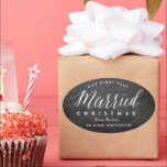 Our First Very Married Christmas Mr & Mrs Wedding Oval Sticker<br><div class="desc">Designed by fat*fa*tin. Easy to customise with your own text, photo or image. For custom requests, please contact fat*fa*tin directly. Custom charges apply.
www.zazzle.com/fat_fa_tin
www.zazzle.com/color_therapy
www.zazzle.com/fatfatin_blue_knot
www.zazzle.com/fatfatin_red_knot
www.zazzle.com/fatfatin_mini_me
www.zazzle.com/fatfatin_box
www.zazzle.com/fatfatin_design
www.zazzle.com/fatfatin_ink</div>