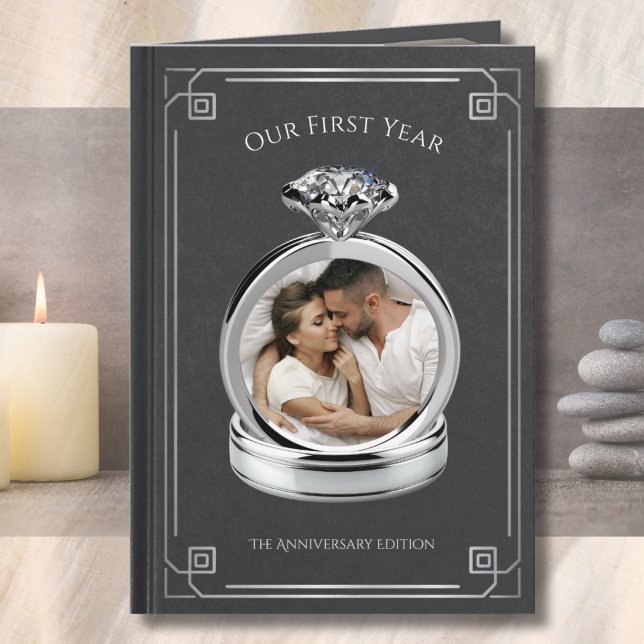 Our First Year Husband Anniversary Storybook Card (Our First Year husband anniversary storybook card with custom wedding ring photo template.)