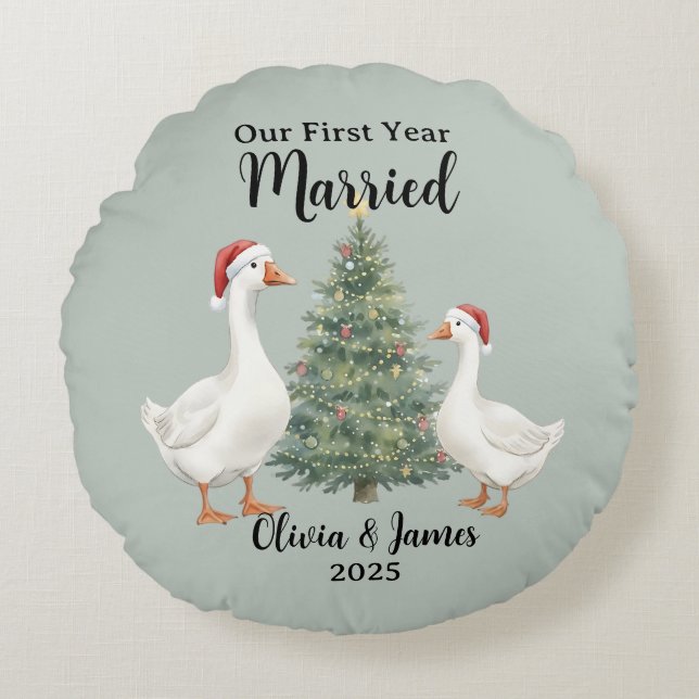 Our First Year Married Goose Custom Christmas Round Cushion (Front)