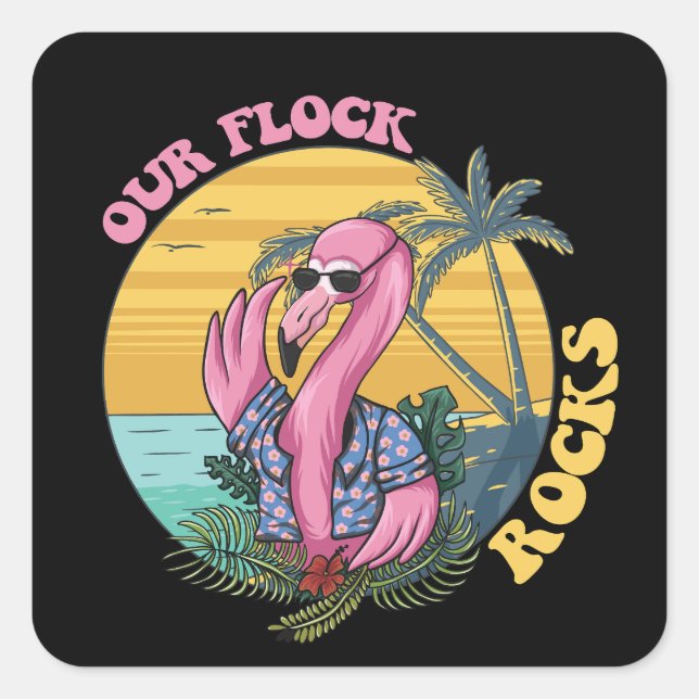 Our Flock Rocks Flamingo Groovy Retro Square Sticker (Front)
