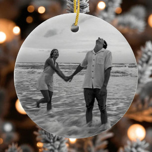 Our Frst Christmas Engaged Black and White Photo Ceramic Tree Decoration