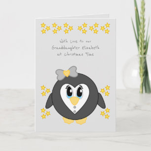 Our Granddaughter at Christmas cute penguin grey Holiday Card