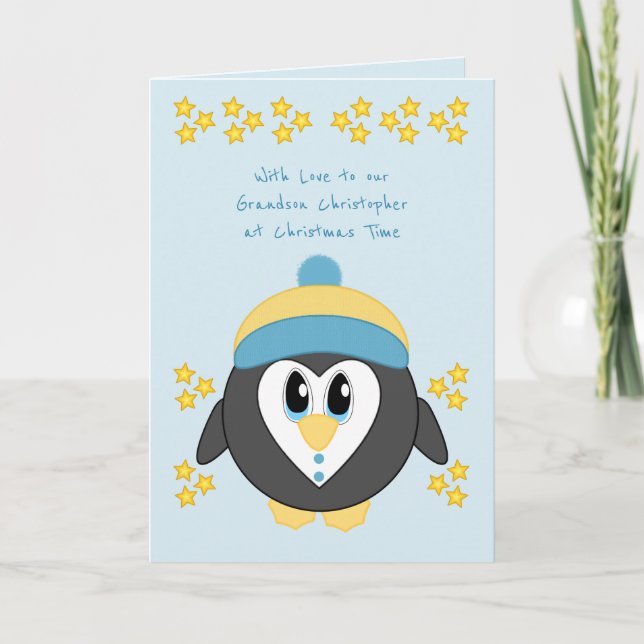 Our Grandson at Christmas cute penguin blue Holiday Card (Front)