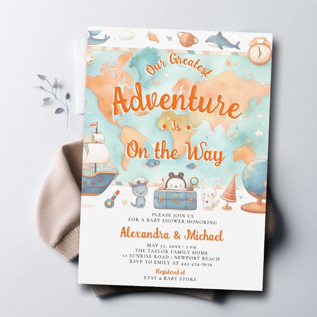 Our Greatest Adventure Coed Neutral Baby Shower Invitation (greatest adventure couples baby shower invitation cute world map watercolor coed gender neutral)