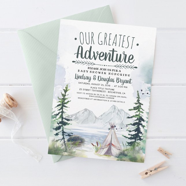 Our Greatest Adventure Mountains Baby Shower Invitation (Our Greatest Adventure - Camping Themed Baby Shower Invitations)
