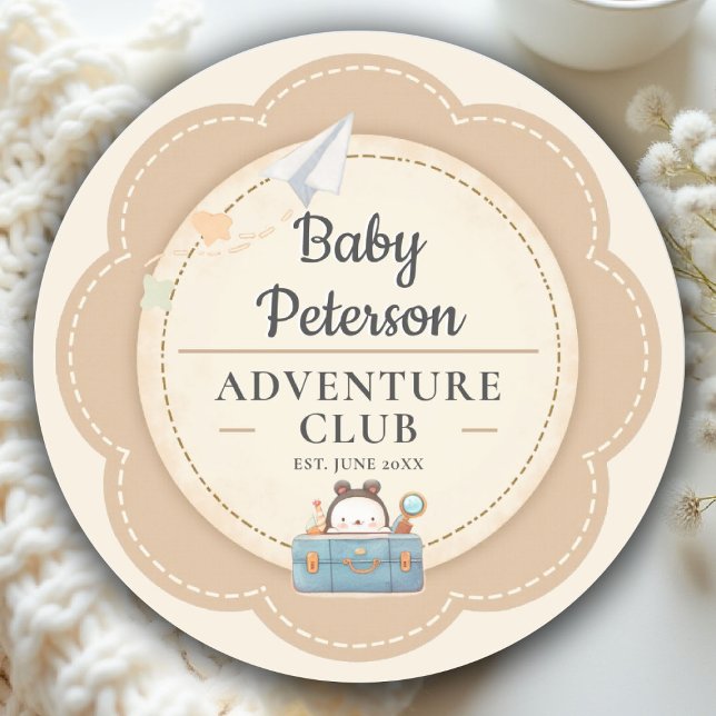 Our Greatest Adventure Neutral Cute Baby Shower Classic Round Sticker (our greatest adventure baby shower theme personalized sticker coed couple neutral)