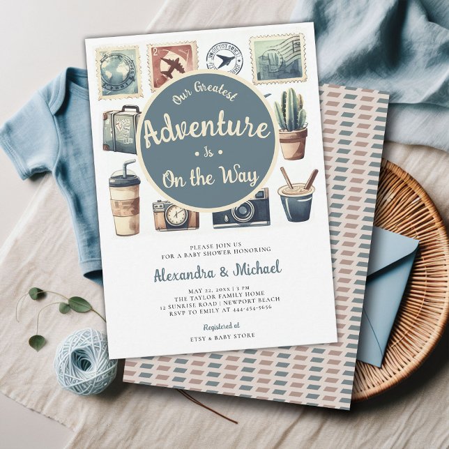 Our Greatest Adventure Retro Coed Baby Boy Shower Invitation (greatest adventure baby boy shower invitation retro vintage watercolor coed travels voyage)