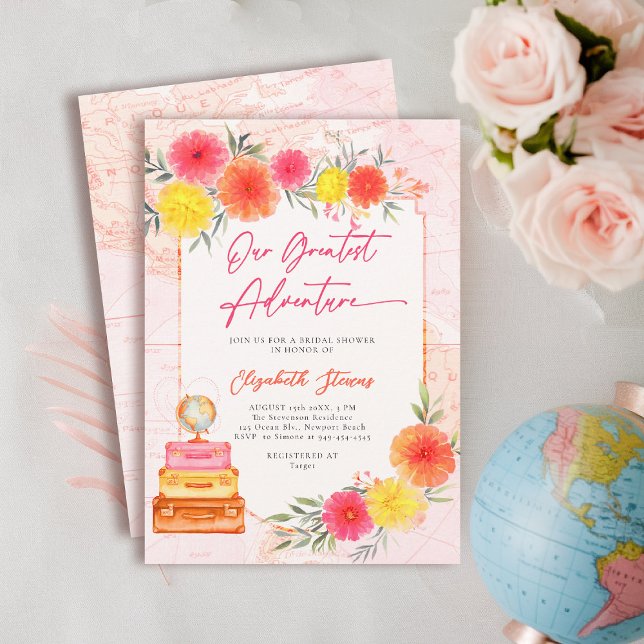 Our Greatest Adventure Zinnia Bright Floral Bridal Invitation (travel bridal shower invitation floral watercolor world map suitcase hot pink orange yellow tropical)