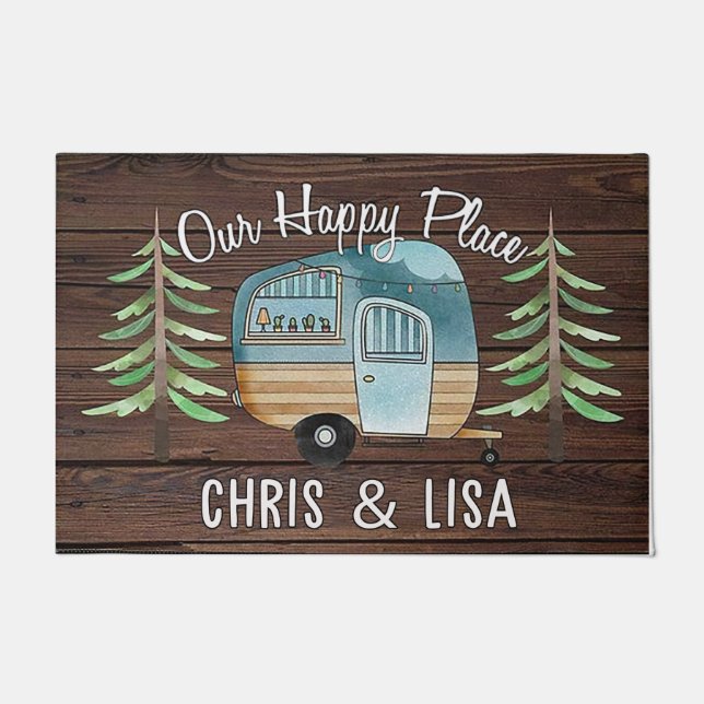Our Happy Place Doormat, Personalised Camp Doormat (Front)