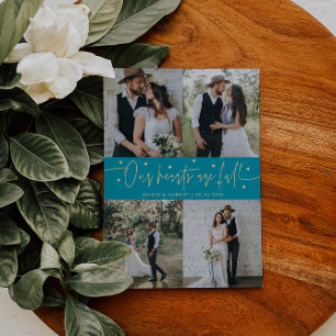 Our Hearts Are Full Wedding Photo Aqua Blue Thank You Card