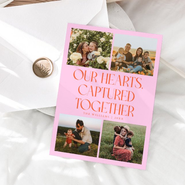 Our Hearts Orange Pink Multi Photo Valentines Day  Holiday Card (Creator Uploaded)