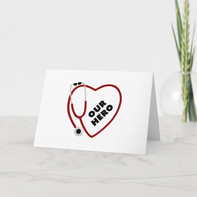 Our Hero Nurse Doctor Red Heart Stethoscope Thank You Card (Front)