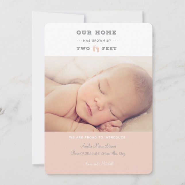 Our home has grown by two feet birth announcement (Front)