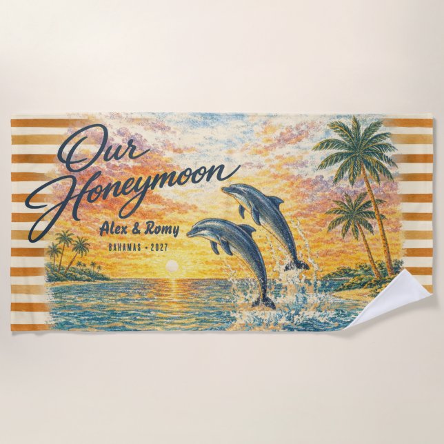 Our Honeymoon Dolphins Custom Vintage Beach Towel (Front)
