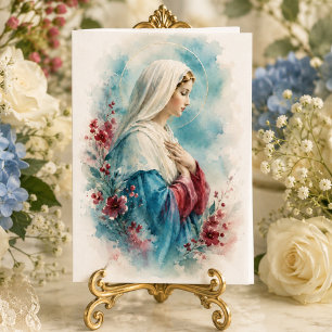 Our Lady Blessings Aqua BlueFloral Catholic Card